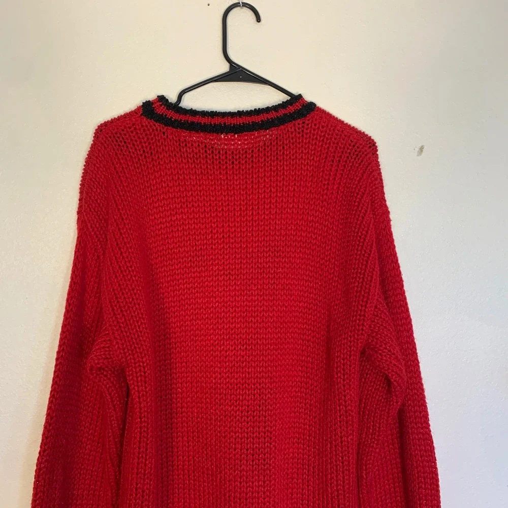 Vintage 1980s Teddy Bear Knit Sweater Hand Knit Red Black Novelty Pullover XL 18 - Picture 16 of 16